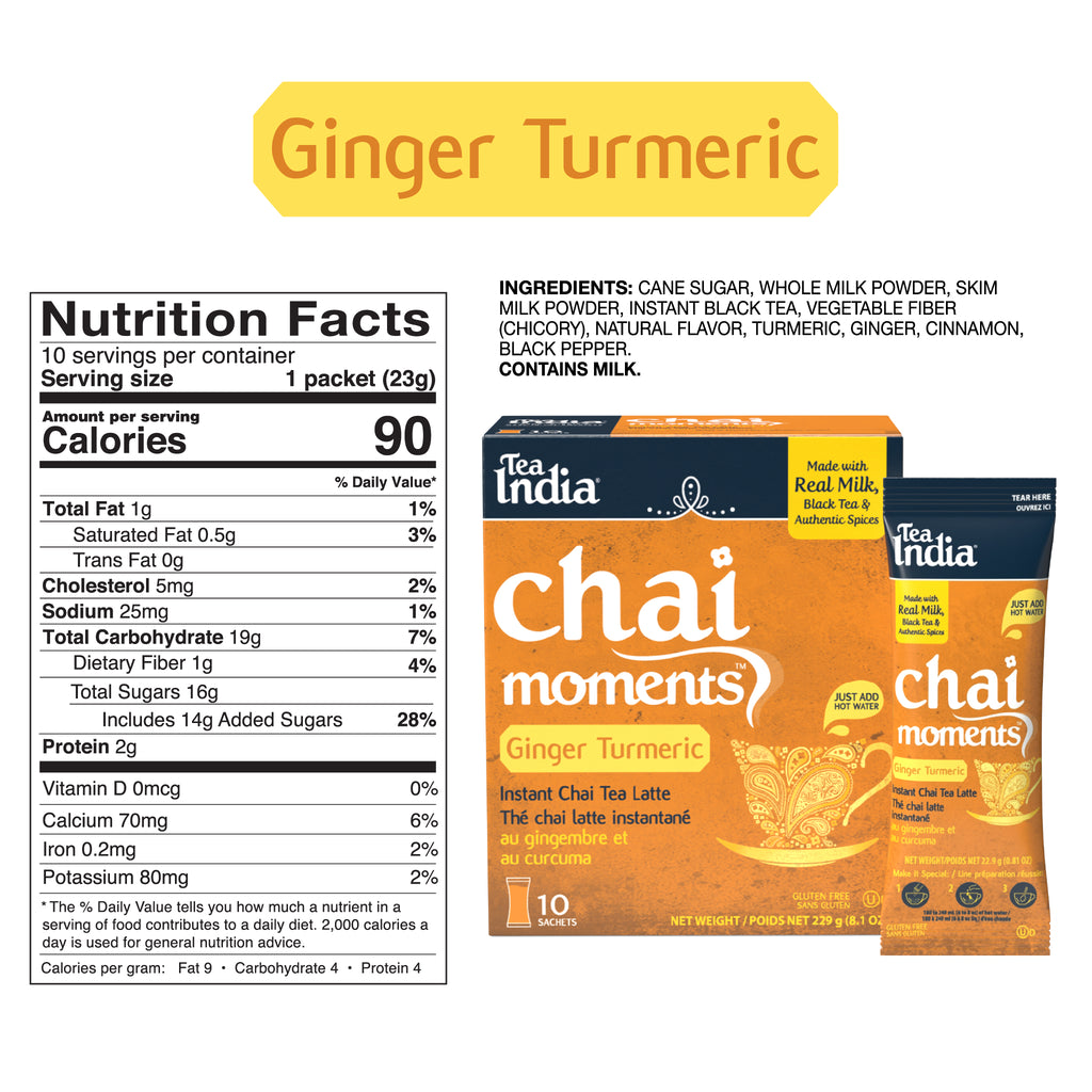 Chai Moments Ginger Turmeric instant chai tea latte packaging with nutrition facts label.