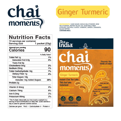 Chai Moments Ginger Turmeric instant chai tea latte packaging with nutrition facts label.