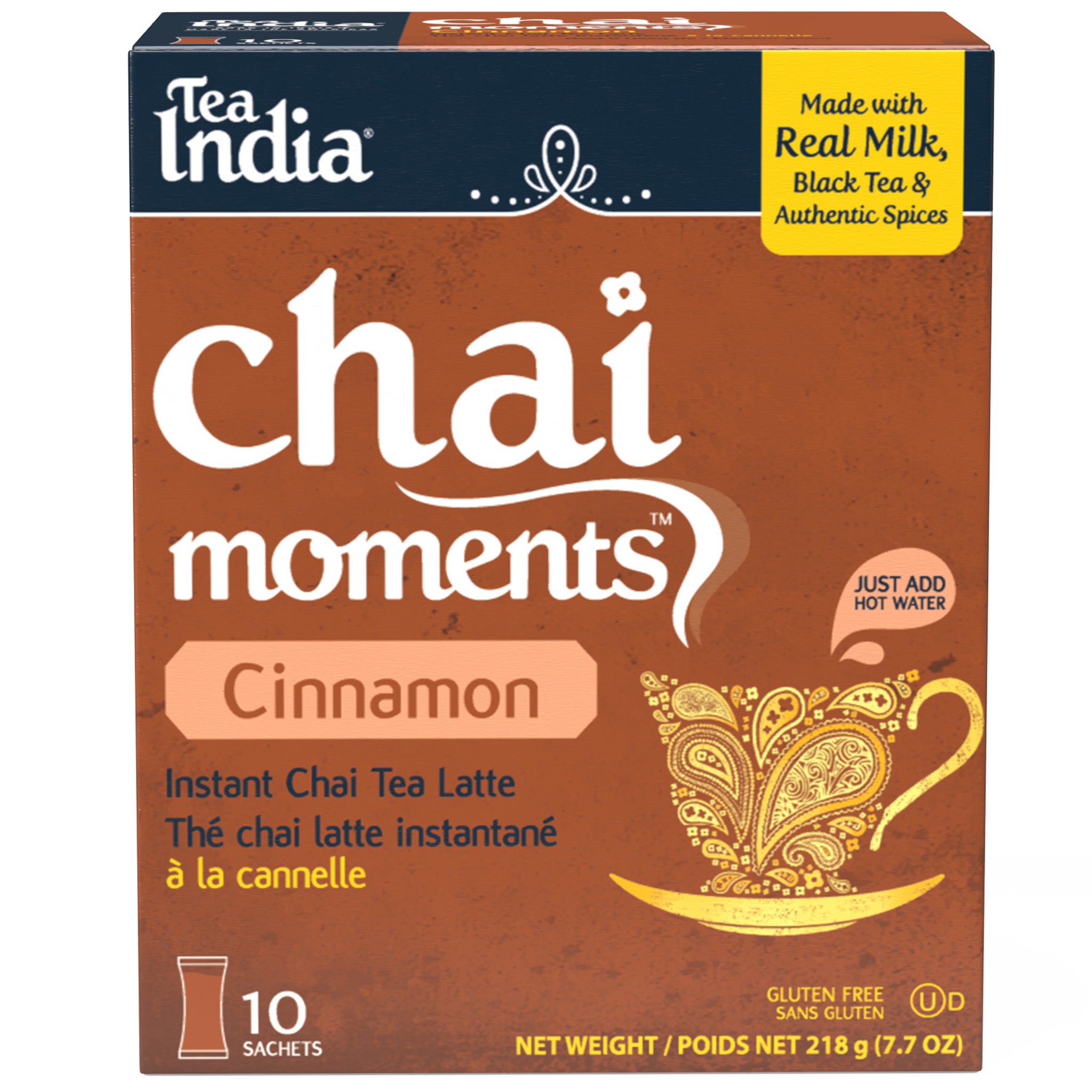 Box of Tea India Chai Moments Cinnamon instant chai tea latte, with 10 sachets inside