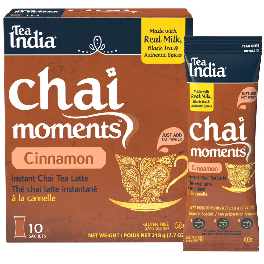 Tea India Chai Moments Cinnamon instant chai tea latte packaging with an  individual serving sachet on a white background