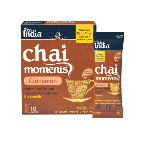 Tea India Chai Moments Cinnamon instant chai tea latte packaging with an  individual serving sachet on a white background