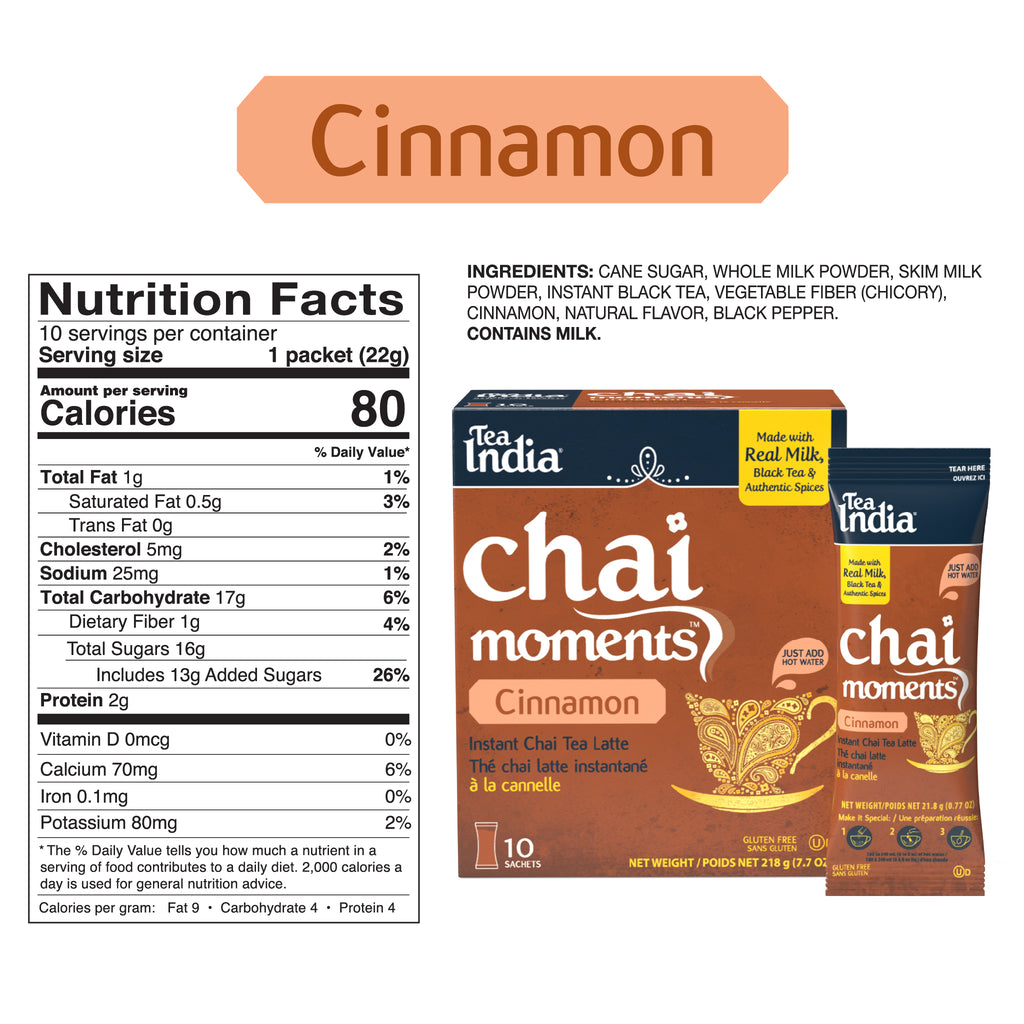 Chai moments cinnamon instant tea latte package with nutrition facts label and ingredients