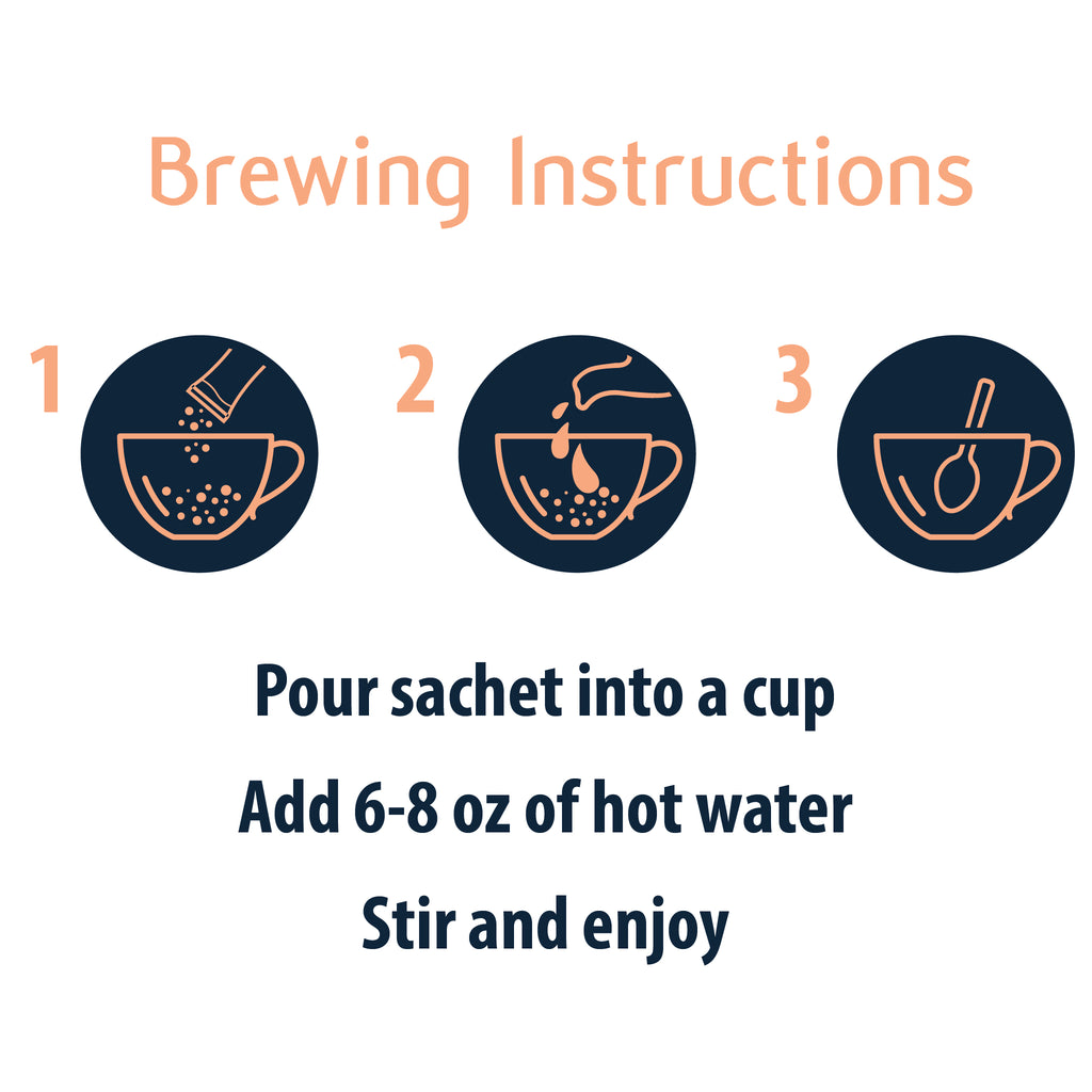 Instructions for preparing a beverage with hot water, shown in three steps on a white background.
