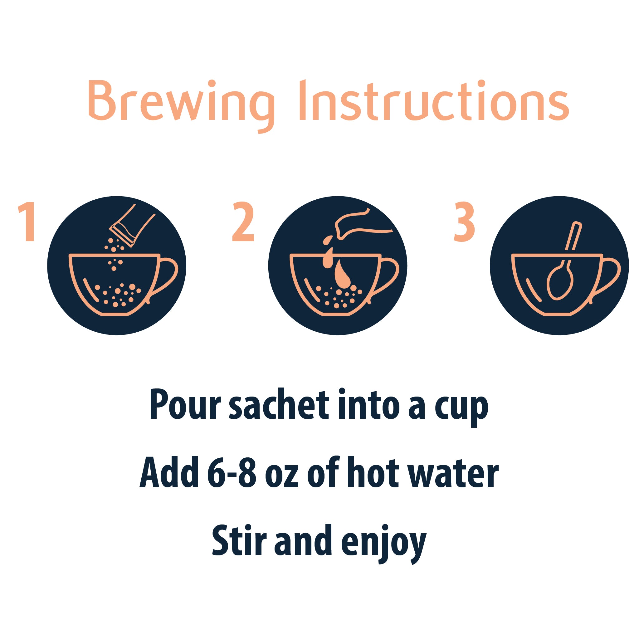 Instructions for preparing a beverage with hot water, shown in three steps on a white background.