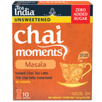 Box of Tea India Unsweetened Chai Moments Masala instant chai tea latte with sugar information. Zero added sugar. 10 sachets.