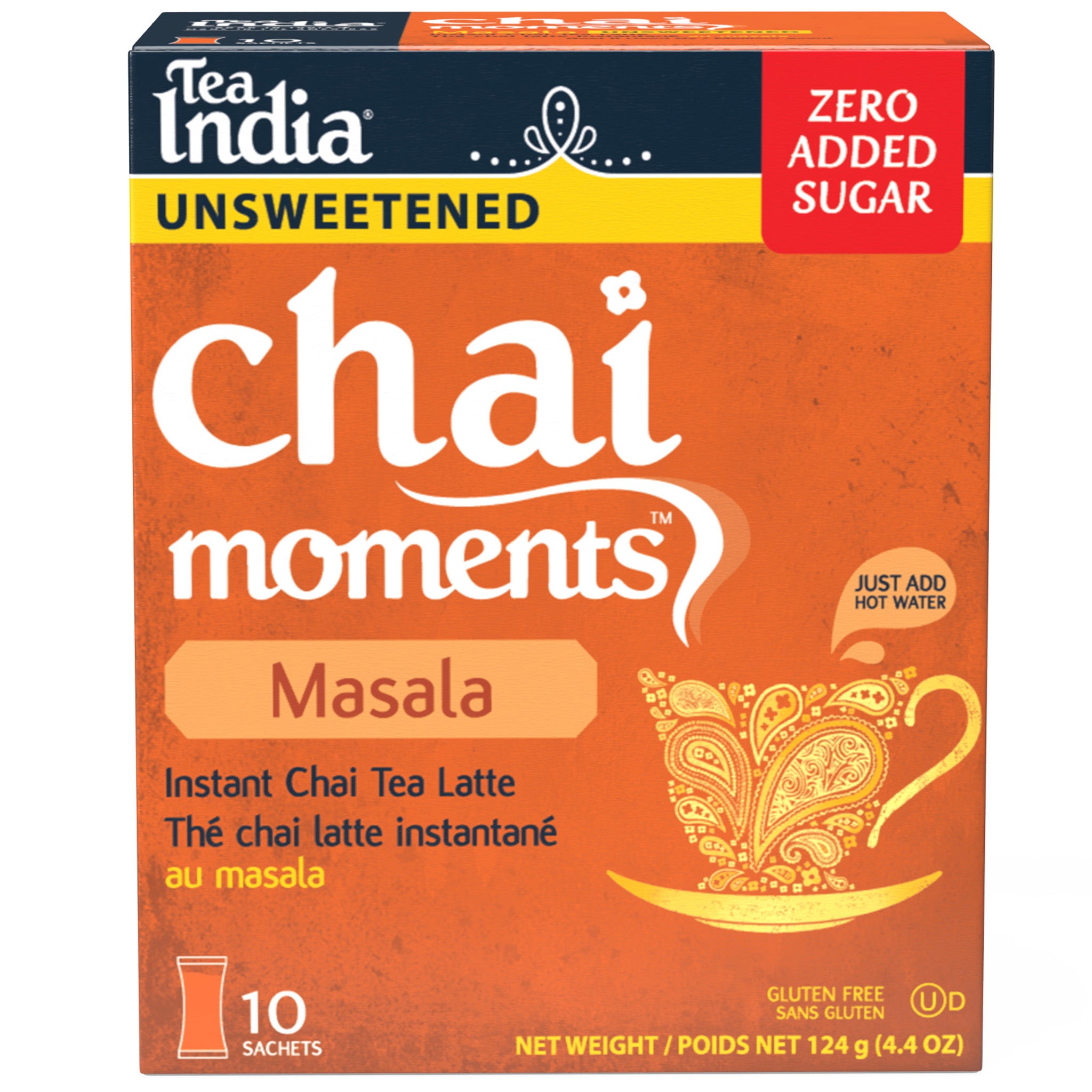 Box of Tea India Unsweetened Chai Moments Masala instant chai tea latte with sugar information. Zero added sugar. 10 sachets.