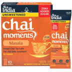 Tea India Chai Moments Unsweetened Masala instant chai tea latte packaging and individual serving sachet on a white background