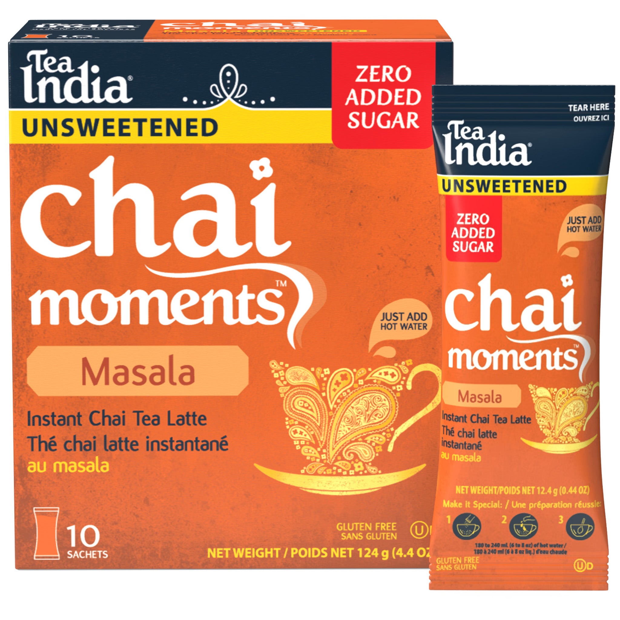 Tea India Chai Moments Unsweetened Masala instant chai tea latte packaging and individual serving sachet on a white background
