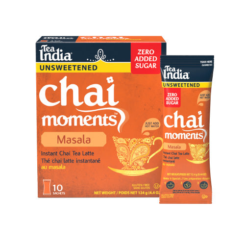Tea India Chai Moments Unsweetened Masala instant chai tea latte packaging and individual serving sachet on a white background