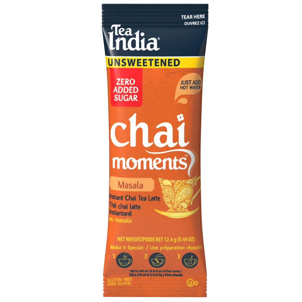 Tea India Chai Moments Unsweetened Masala individual serving sachet on a white background