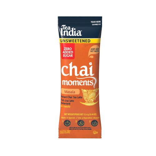 Tea India Chai Moments Unsweetened Masala individual serving sachet on a white background