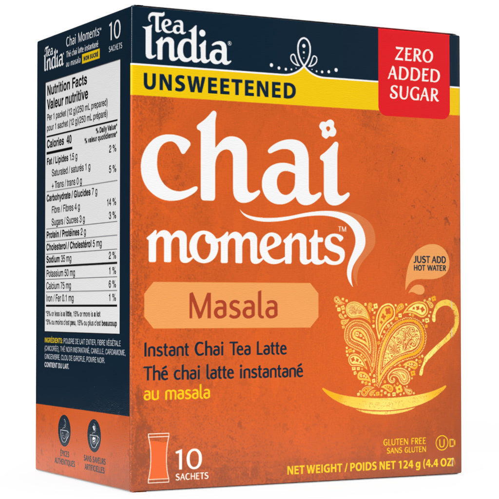 Tea India Chai Moments Masala box with 10 unsweetened instant chai latte sachets and zero sugar added