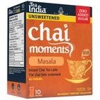 Tea India Chai Moments Masala box with 10 unsweetened instant chai latte sachets and zero sugar added