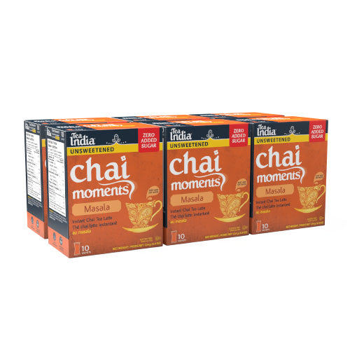 Pack of Six Tea India Unsweetened Masala chai moments tea boxes on a white background