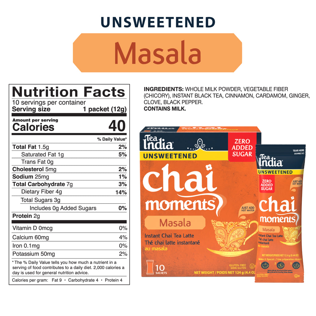 Chai Moments Masala unsweetened instant chai tea latte package with nutrition facts label and ingredients, zero sugar added