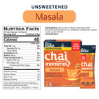 Chai Moments Masala unsweetened instant chai tea latte package with nutrition facts label and ingredients, zero sugar added