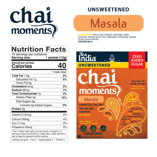 Chai Moments Masala unsweetened instant chai tea latte package with nutrition facts label and ingredients, zero sugar added