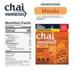 Chai Moments Masala unsweetened instant chai tea latte package with nutrition facts label and ingredients, zero sugar added