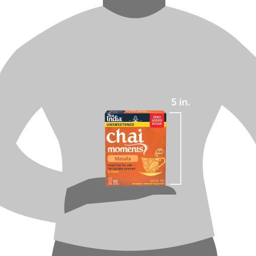 Chai Moments Masala tea package on a gray shirt with size indication.