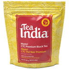 Tea India Mamri CTC Assam Black Tea in a 3lb equivalent to 1.36kg yellow resealable pouch with red label and gold design