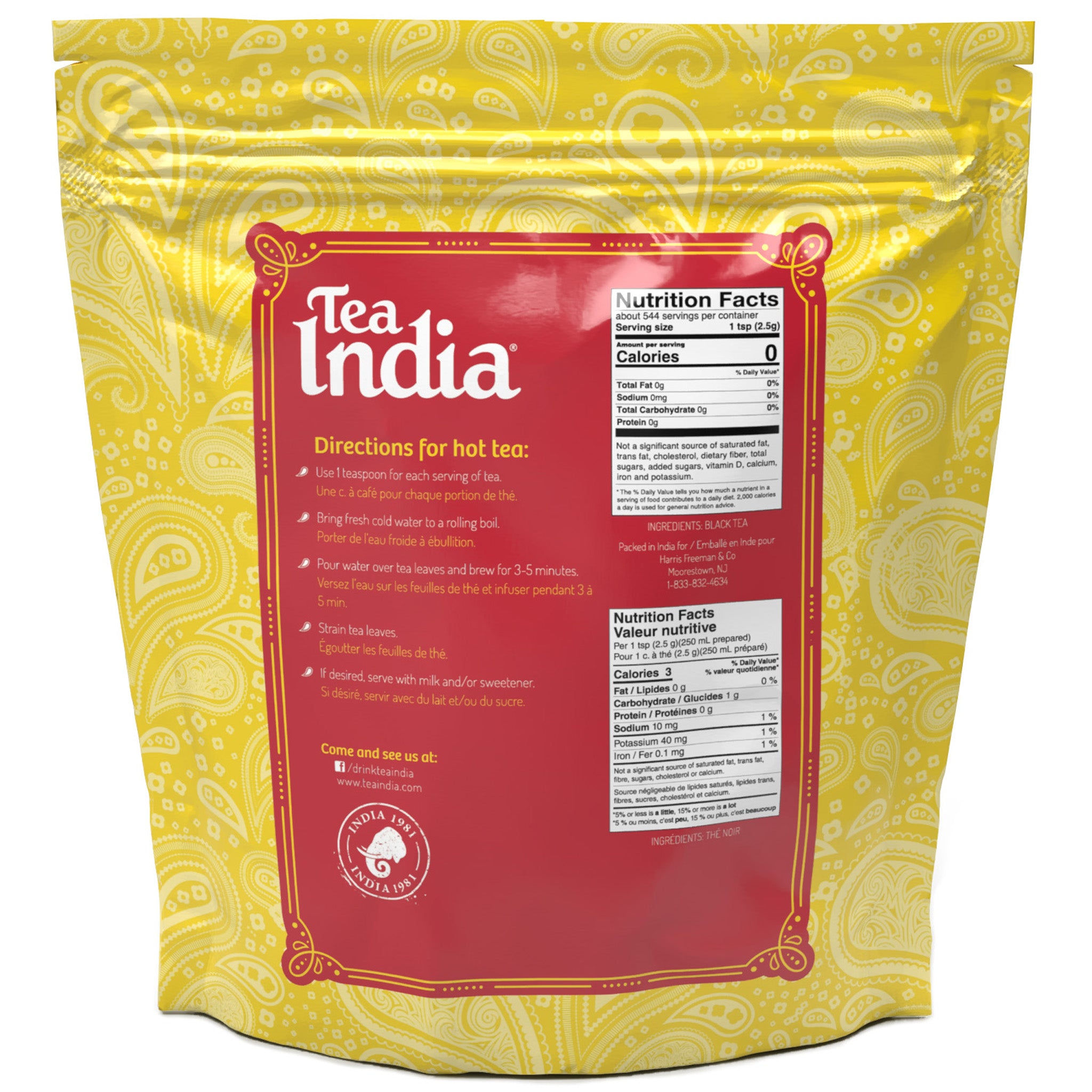 Tea India packaging with yellow and red design on a white background