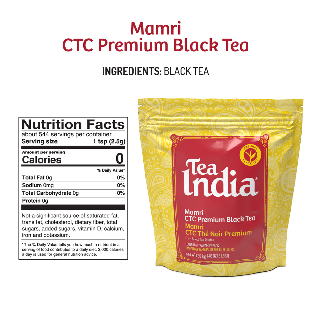 Tea India Mamri CTC Assam Black Tea pouch shown with detailed nutrition facts and ingredient list in English and French.