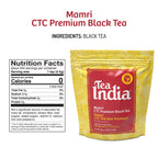 Tea India Mamri CTC Assam Black Tea pouch shown with detailed nutrition facts and ingredient list in English and French.