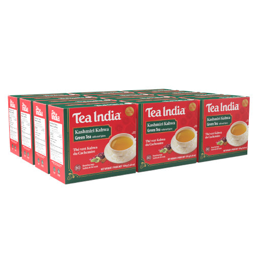 Twelve boxes of Tea India Kashmiri Kahwa Green Tea on a white background