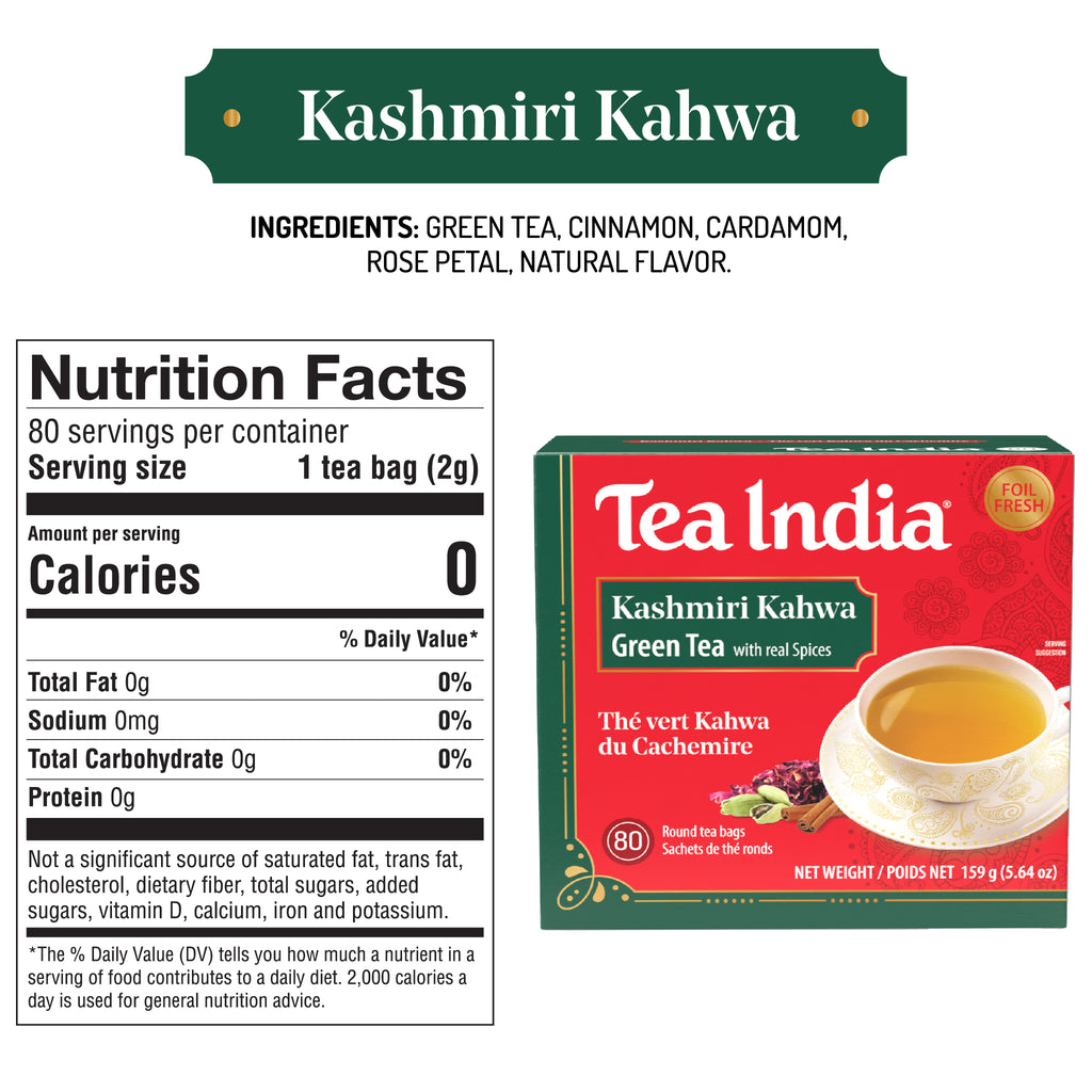 Tea India Kashmiri Kahwa green tea packaging with nutrition facts label on a white background