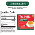 Tea India Kashmiri Kahwa green tea packaging with nutrition facts label on a white background