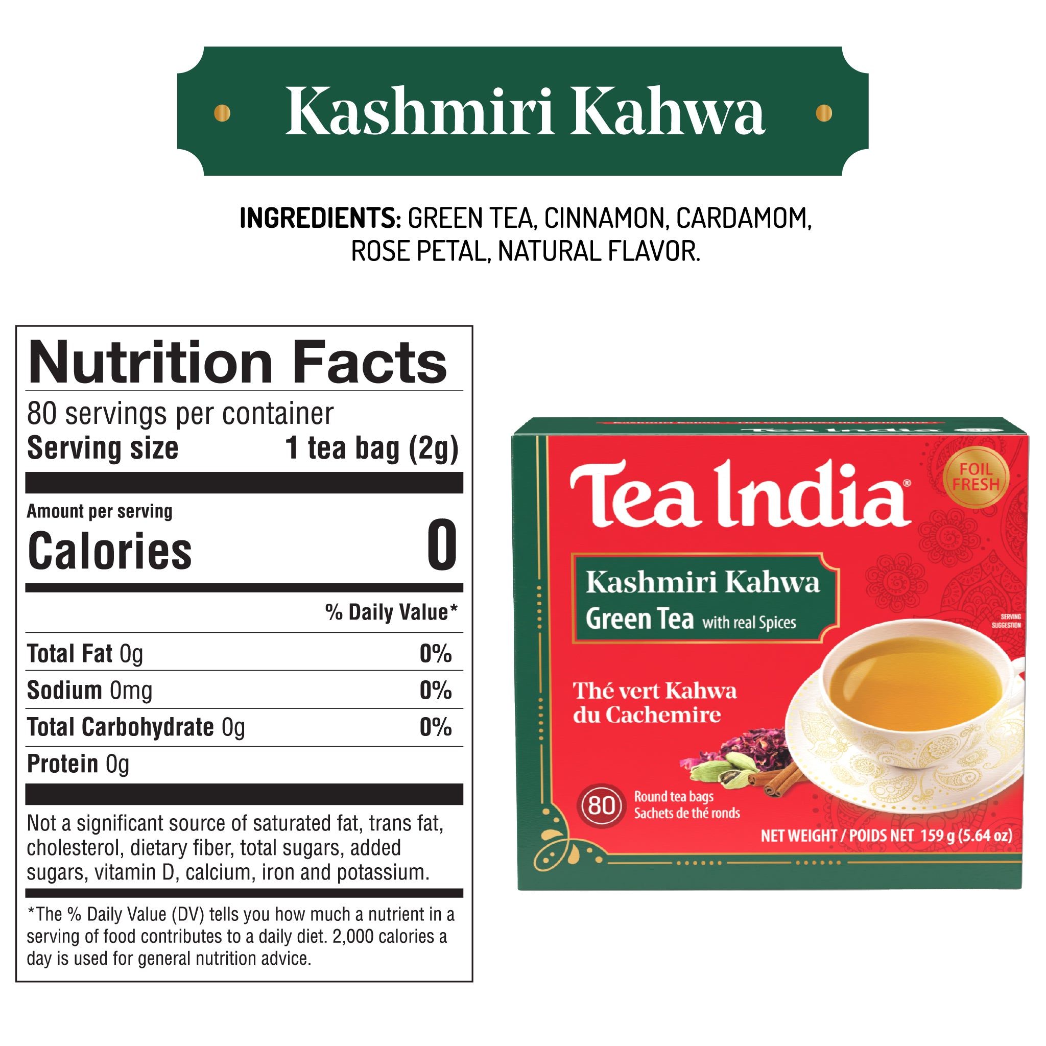 Tea India Kashmiri Kahwa green tea packaging with nutrition facts label on a white background