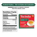Tea India Kashmiri Kahwa green tea packaging with nutrition facts label on a white background