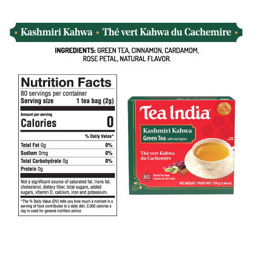 Tea India Kashmiri Kahwa green tea packaging with nutrition facts label on a white background