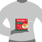 Tea India Kashmiri Kahwa green tea package on a gray t-shirt with dimensions indicated.