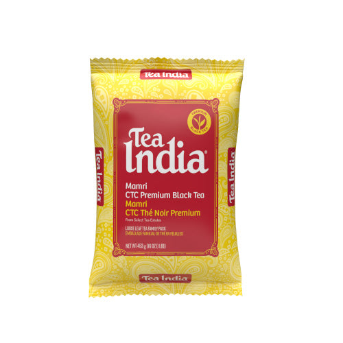 Tea India Mamri CTC Premium Black Tea tea package with red and yellow design on a white background