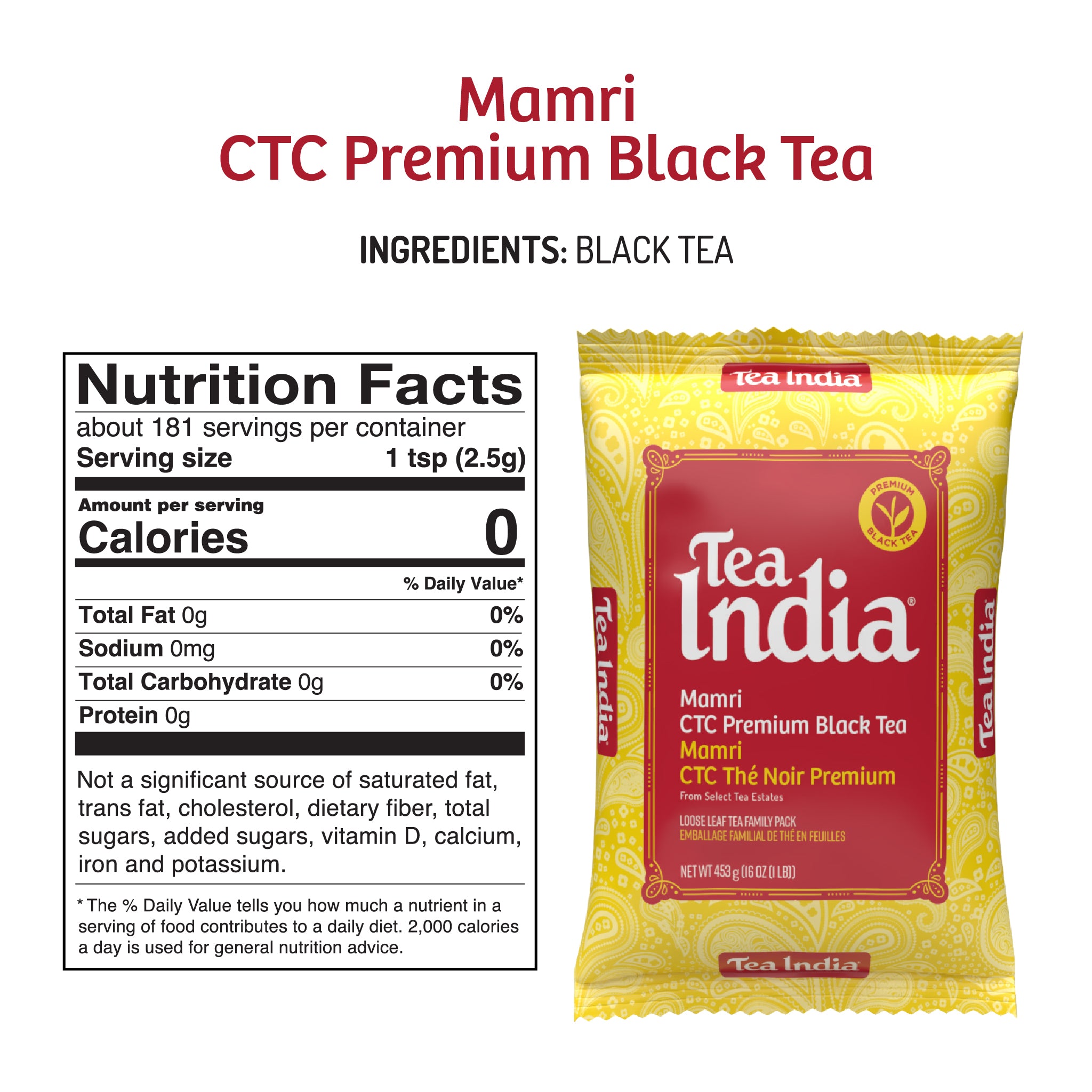 Tea India Mamri CTC Premium Black Tea package with nutrition facts label and ingredients on a white background