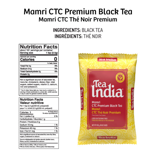 Tea India Mamri CTC Premium Black Tea package with nutrition facts label and ingredients on a white background