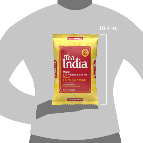 Tea India tea bag packaging on a gray shirt with dimensions indicated.