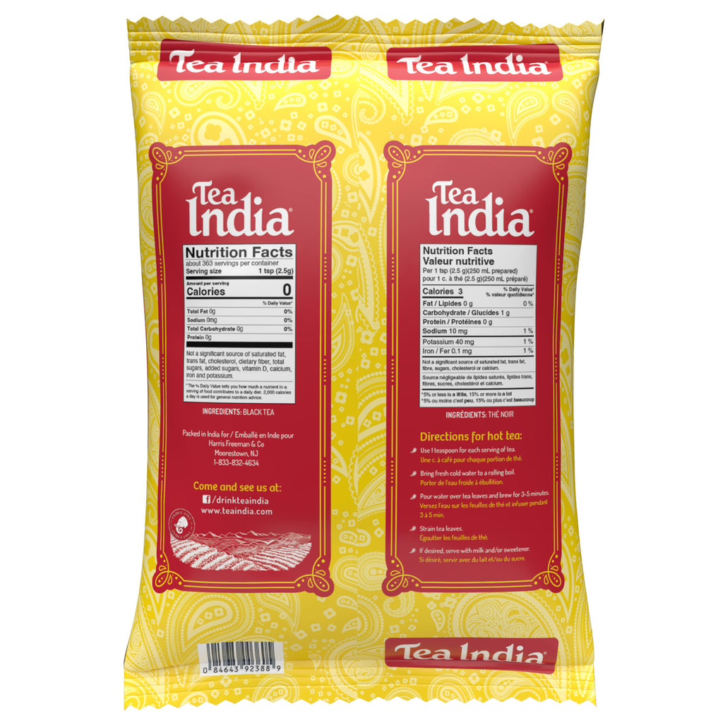 Tea India packaging with yellow and red design on a white background
