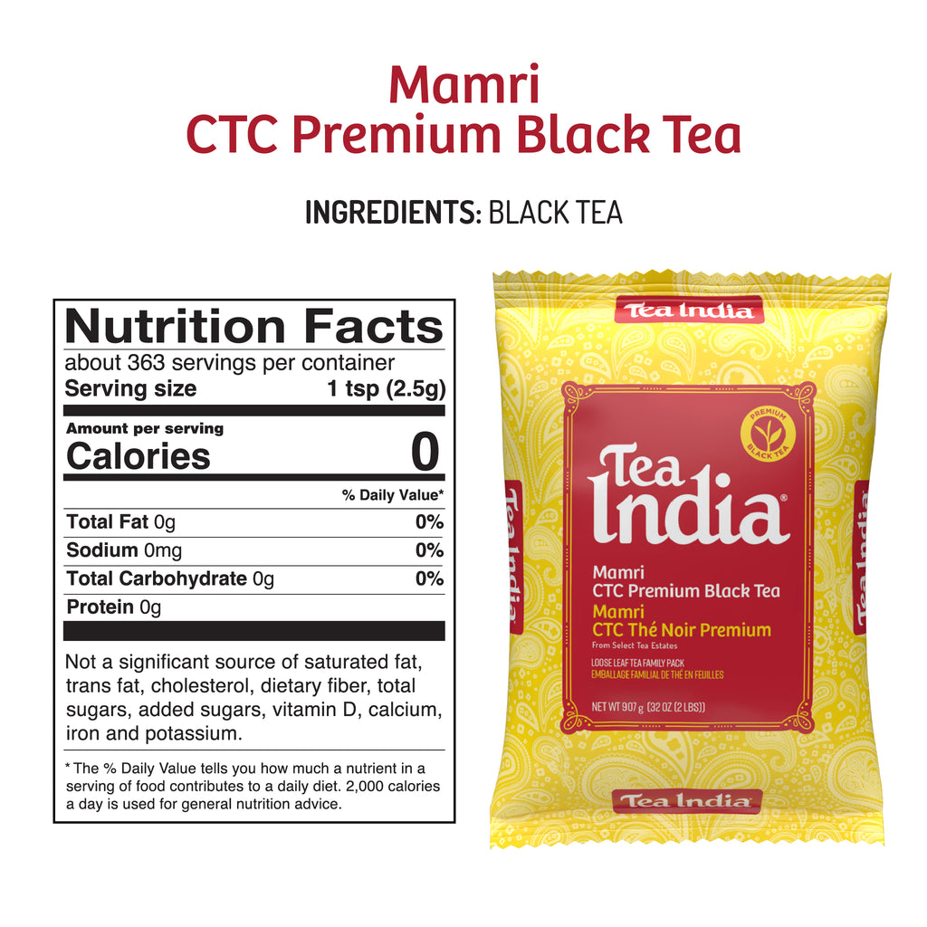 Tea India Mamri CTC Premium Black Tea package with nutrition facts label on a white background
