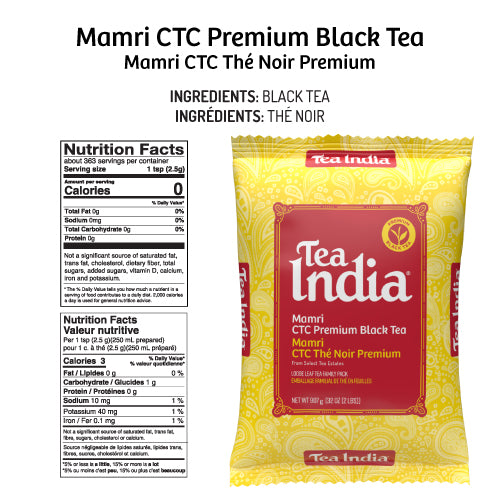 Tea India Mamri CTC Premium Black Tea package with nutrition facts label on a white background