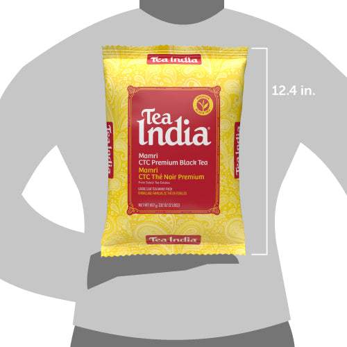 Tea India package on a gray shirt with dimensions indicated