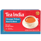 Box of Tea India Orange Pekoe Black Tea Blend with a cup of tea on the label.