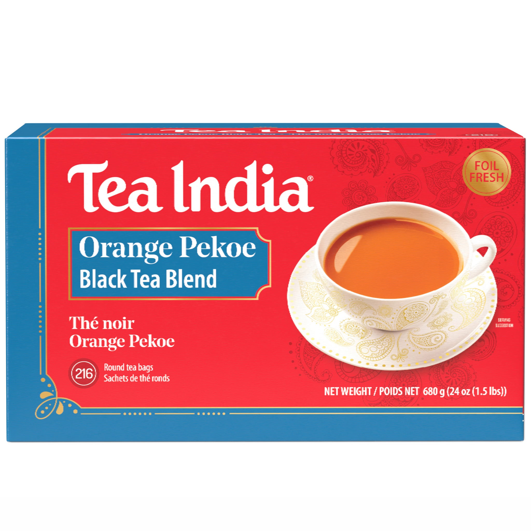 Box of Tea India Orange Pekoe Black Tea Blend with a cup of tea on the label.
