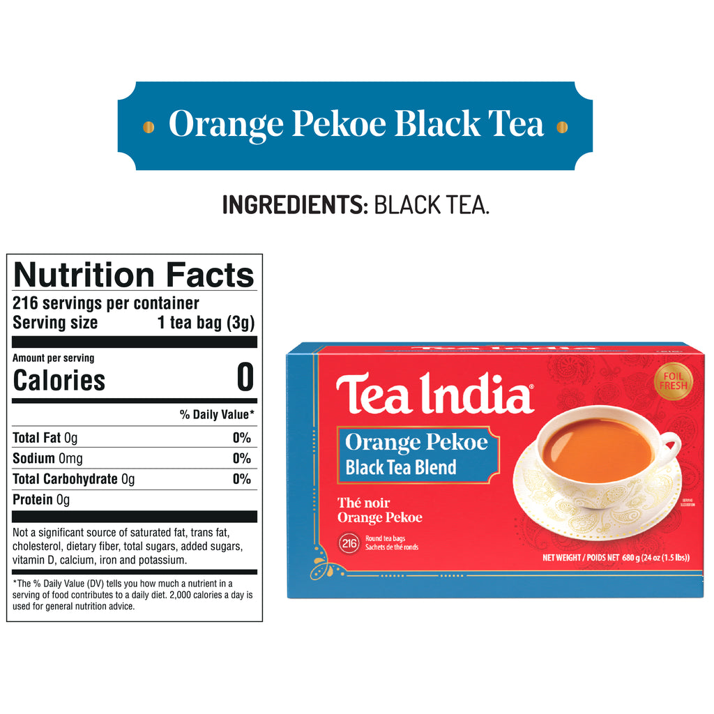 Tea India Orange Pekoe Black Tea 216 count box with nutritional information on a white background