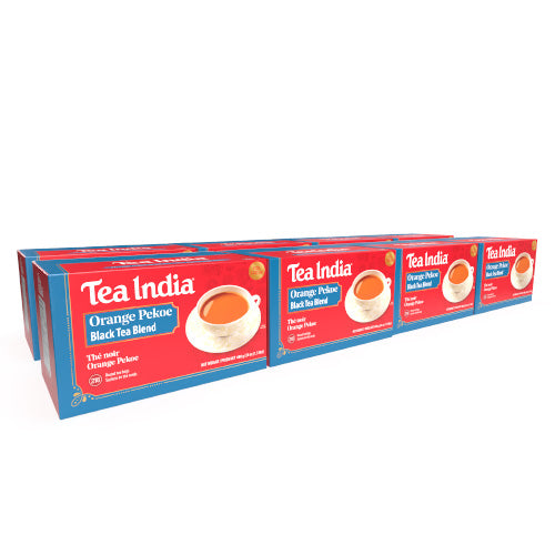 Eight boxes of Tea India Orange Pekoe Black Tea Blend 216 count on a white background