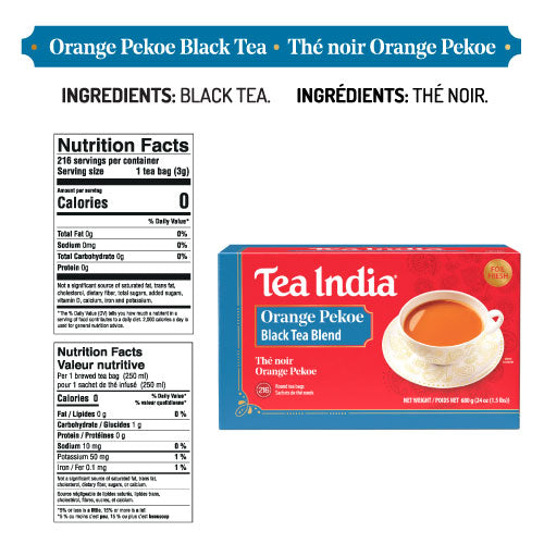 Tea India Orange Pekoe Black Tea 216 count box with nutritional information on a white background