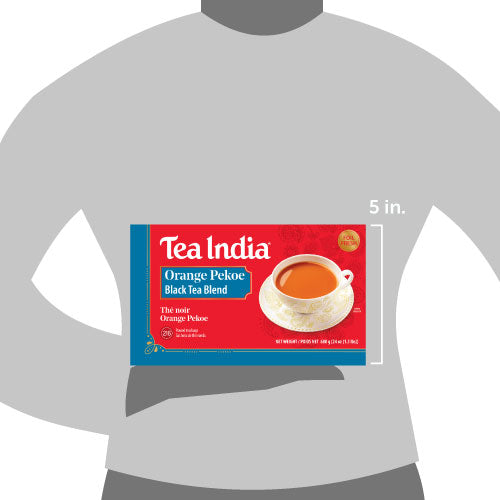 Tea India Orange Pekoe tea package on a gray shirt with dimensions indicated.