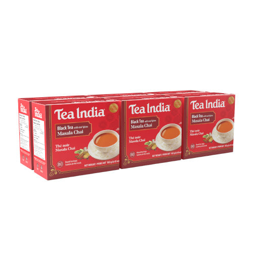 Six boxes of Tea India Black Tea with Masala Chai on a white background