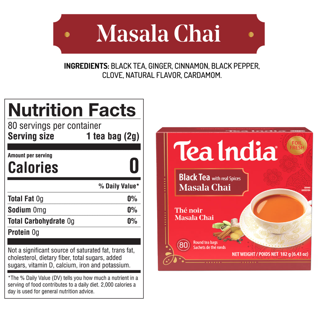 Tea India Masala Chai packaging with nutrition facts label on a white background